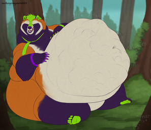 abdominal_bulge anthro belly big_belly claws digestion digestion_noises fangs forest fur hand_on_belly licking licking_lips male mostly_nude navel necktie necktie_only nude obese obese_anthro obese_male open_mouth outside overweight overweight_anthro overweight_male paws plant sitting soft_vore solo teeth text tongue tongue_out tree vore smokeygraypaws ian_(ian-exe) bear mammal 2024 absurd_res hi_res signature