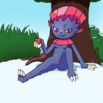 anthro apple arm_support bent_leg blue_body blush breasts claws cute_fangs fangs featureless_breasts female food fruit genitals glistening glistening_body grass holding_food holding_object innie_pussy looking_at_viewer nude outside plant pussy red_eyes sitting sky small_breasts snow solo tall_grass teeth tree neatnick nintendo pokemon generation_4_pokemon pokemon_(species) weavile 1:1 hi_res