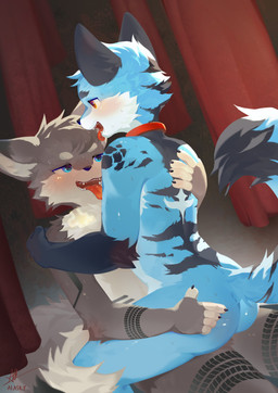 anthro black_body blue_body blush bodily_fluids collar duo from_front_position hand_on_back hand_on_butt hand_on_shoulder happy hug kemono male male/male mastery_position red_eyes sex sitting sweat tongue tongue_out young fur_alasky canid canine felid fox mammal pantherine tiger absurd_res hi_res signature