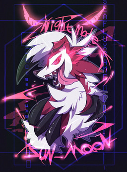 ambiguous_gender anthro black_claws black_nose bodily_fluids claws fangs fur glowing glowing_eyes looking_at_viewer open_mouth open_smile red_body red_eyes red_fur retro saliva simple_background smile solo synthwave teeth text tongue white_body white_fur seafluxgame nintendo pokemon canid canine generation_7_pokemon lycanroc mammal midnight_lycanroc pokemon_(species) 2016 digital_media_(artwork) film_grain hi_res
