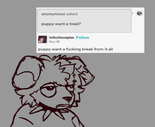 anthro collar hair half-closed_eyes humor male narrowed_eyes profanity solo spiked_collar spikes text fellar canid canine canis domestic_dog mammal english_text