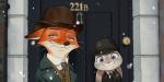 anthro black_nose bowler_hat clothed clothing day door duo female front_view fur green_eyes grey_body grey_fur hat headgear headwear long_ears looking_at_viewer male necktie orange_body orange_fur outside pink_nose purple_eyes shirt smile snow snowing topwear whiskers wjdgns_12 disney zootopia judy_hopps nick_wilde sherlock_holmes canid canine fox lagomorph leporid mammal rabbit red_fox true_fox 2017