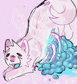 ambiguous_gender blood bodily_fluids feral floating fur gore guts heart_symbol intestines open_mouth organs pink_body pink_fur ribs simple_background solo tail teeth tongue wings mvmvrkio domestic_cat felid feline felis mammal pastel_theme