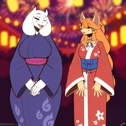 anthro asian_clothing big_breasts breasts clothing duo east_asian_clothing eyebrows eyelashes eyes_closed female festival flesh_fang hair horn japanese_clothing kimono open_mouth open_smile orange_hair smile tan_body white_body wide_hips yukata lyorenth-the-dragon undertale undertale_(series) undertale_yellow ceroba_ketsukane toriel bovid canid canine caprine fox goat mammal 1:1 2026 hi_res