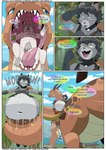 after_vore anthro belly big_belly blue_sky border female female_pred fur green_eyes grey_body grey_fur group male outside overweight sky speech_bubble text trio uvula vore white_border fidchellvore mythology canid canine canis domestic_cat dragon felid feline felis mammal mythological_creature mythological_scalie scalie wolf 2022 comic english_text