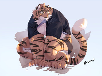 anthro big_muscles biped black_bottomwear black_claws black_clothing black_shirt black_shorts black_topwear blue_clothing blue_shirt blue_topwear bottomwear brown_body brown_fur brown_stripes claws closed_smile clothed clothed_anthro clothed_male clothing clothing_lift countershade_face countershade_feet countershade_fur countershade_hands countershade_legs countershade_neck countershade_tail countershade_torso countershading crouching dipstick_tail dot_pupils facial_markings feet finger_claws front_view fully_clothed fully_clothed_anthro fully_clothed_male fur grey_background head_markings head_turned looking_aside male markings monotone_bottomwear monotone_clothing monotone_shorts mouth_closed mouth_hold multicolored_body multicolored_clothing multicolored_fur multicolored_shirt multicolored_topwear muscular muscular_anthro muscular_male pupils shirt shirt_in_mouth shirt_lift shorts simple_background slit_pupils smile snout solo striped_arms striped_body striped_face striped_legs striped_markings striped_tail stripes tail tail_markings tan_body tan_countershading tan_fur text toe_claws topwear two_tone_body two_tone_clothing two_tone_fur two_tone_shirt two_tone_topwear white_tail_tip yellow_sclera kuromonsart felid mammal pantherine tiger 2023 absurd_res artist_name colored dated digital_drawing_(artwork) digital_media_(artwork) english_text full-length_portrait hi_res portrait