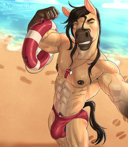 abs anthro areola balls barbell_piercing barely_visible_balls barely_visible_genitalia beach biceps biped black_mane bulge clothed clothing detailed_bulge flexing flexing_bicep fur genital_outline genitals life_ring lifeguard male male_anthro mane muscular muscular_anthro muscular_male nipple_barbell nipple_piercing nipples pecs penis_outline piercing red_clothing red_swimwear solo speedo speedo_only swim_ring swimwear tail topless vein veiny_muscles wet wet_body whistle_(object) yellow_body yellow_fur juan_mare anthony_squire equid equine horse mammal pinto_horse absurd_res hi_res
