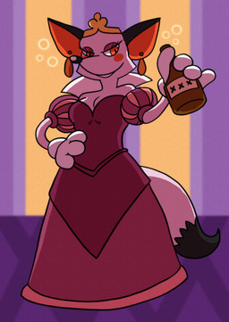 alcohol anthro beverage blush breasts cleavage clothed clothing crown dress drunk ear_piercing ear_ring female fur gloves handwear headgear piercing queen ring_piercing royalty solo substance_intoxication toony white_body white_clothing white_fur white_gloves white_handwear ichihara-chan nakhta canid canine fox mammal absurd_res hi_res
