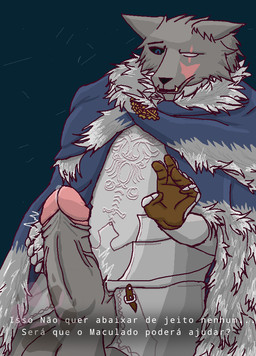 anthro armor balls belt big_balls big_penis bodily_fluids cape clothed clothing erection foreskin fur genital_fluids genitals glans gloves handwear huge_balls huge_penis humanoid_genitalia humanoid_penis male penis precum scar simple_background solo tail text throbbing throbbing_penis lobo_guarana elden_ring fromsoftware blaidd_(elden_ring) canid canine canis mammal wolf digital_media_(artwork) portuguese_text translated