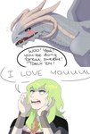 2_panel_comic 4_horns black_cape black_clothing black_sclera blush blush_lines brown_wristband cape cheering clothing curled_horn dialogue digit_ring duo female female/female female_feral female_human feral finger_ring green_eyes green_hair grey_body grey_clothing grey_scales grey_topwear grey_wings gums hair horn i_love_you jewelry light membrane_(anatomy) membranous_wings multi_horn nickname pink_tongue pupils red_gums red_tongue scales sharp_teeth simple_background slit_pupils surprised_expression tan_body tan_horn tan_scales tan_skin teeth text tongue topwear white_background wings wristband yelling yelling_at_another toasterwitch fire_emblem fire_emblem_three_houses mythology nintendo byleth_(fire_emblem) byleth_(fire_emblem)_(female) rhea_(fire_emblem) the_immaculate_one dragon human mammal mythological_creature mythological_scalie scalie sky_dragon winged_dragon 2019 absurd_res colored comic digital_media_(artwork) english_description english_text hi_res lighting shaded simple_shading