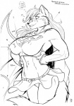 anthro belt big_breasts biped black_eyes black_nose bottomwear breasts bullet clothed clothing female fluffy fluffy_tail grin heart_symbol muscular muscular_anthro muscular_female navel nipples shirt simple_background skirt smile solo standing superhero superhero_costume tail teeth thought_bubble topwear white_background max_blackrabbit dc_comics supergirl canid canine canis fox mammal wolf 2009 monochrome pen_(artwork) signature traditional_media_(artwork)