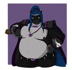 5_fingers amethyst_(gem) anthro armor arms_bent belly belly_overhang belt big_belly black_belt black_bottomwear black_cape black_clothing black_nipples black_pants black_shirt black_topwear blue_eyebrows blue_hair blue_tail bottomwear cape chain_bracelet chain_necklace circlet closed_smile clothed clothed_anthro clothed_male clothing eyebrows fingers fist fur gauntlets gem gloves grey_body grey_fur hair hand_on_hip hand_on_own_hip handwear jewelry long_hair male male_anthro mouth_closed navel necklace nipples orange_eyes overweight overweight_anthro overweight_male pants pauldron ponytail shirt simple_background smile solo tail thick_thighs topwear theannoyingnpc arthur_(darkhorseartie89) equid equine horse mammal 2018 colored digital_drawing_(artwork) digital_media_(artwork) english_description hi_res portrait shaded simple_shading three-quarter_portrait