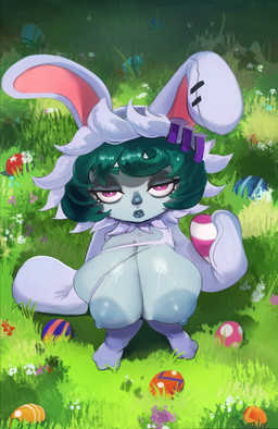 areola big_breasts biped breasts bunny_costume clothing costume detailed_background easter_egg eyelashes female green_hair hair holidays huge_breasts looking_at_viewer nipples outside pupils solo cranihum easter league_of_legends riot_games tencent vex_(lol) humanoid yordle absurd_res hi_res