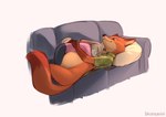 anthro biped bottomless bottomless_anthro bottomless_male clothed clothing countershade_face countershade_fur countershade_torso countershading duo female fur furniture interspecies male male/female orange_body orange_fur predator/prey pregnant pregnant_anthro pregnant_male sofa tail bahnbahn disney zootopia judy_hopps nick_wilde canid canine fox lagomorph leporid mammal rabbit absurd_res hi_res