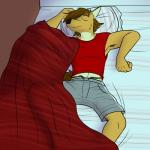 1:1 anthro bed canid canine canis coyote furniture fuze hi_res male mammal mond_reyes pillow sleeping solo texnatsu