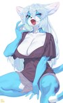 anthro big_breasts blue_body blue_fur breasts crouching cute_fangs fangs female female_anthro fur green_eyes grey_hair hair kemono multicolored_body multicolored_fur one_eye_closed open_mouth solo teeth tongue two_tone_body two_tone_fur white_body white_fur yawn aruurara hashimoto-chan domestic_cat felid feline felis mammal 2022 digital_media_(artwork) hi_res