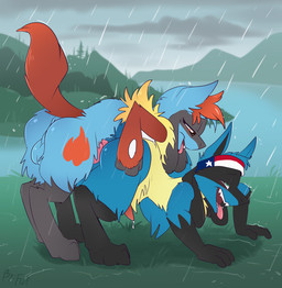 all_fours anal anal_penetration animal_genitalia animal_penis anthro anus athletic backsack balls biped black_markings blue_body blue_fur bodily_fluids canine_genitalia canine_penis clothing digitigrade dripping duo erection eyebrows facial_markings fur genital_fluids genitals gloves_(marking) grass half-closed_eyes hand_spike hands_on_hips head_markings headgear headkerchief headwear humanoid_genitalia inner_ear_fluff kerchief knot leg_markings looking_at_another looking_at_partner looking_pleasured male male/male male_penetrated male_penetrating male_penetrating_male markings mask_(marking) muscular narrowed_eyes nude open_mouth outside penetration penile penile_penetration penis penis_in_ass plant precum precum_drip raining red_body red_fur red_markings sex side_view socks_(marking) spikes spikes_(anatomy) teeth thigh_markings tongue tongue_out tuft wet yellow_body yellow_fur fuf nintendo pokemon wildlucario yoshi_the_riphox delphox generation_4_pokemon generation_6_pokemon hybrid lucario pokemon_(species) riolu 2019 hi_res