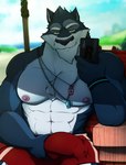 anthro bulge canid canine canis detailed_bulge erection gcji genital_outline hi_res lifeguard lifeguard_chair lifeguard_swimsuit male mammal penis_outline ragear_(sheep_and_wolves) sheep_and_wolves solo wizart_animation wolf