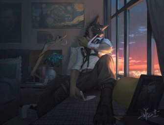 anthro arm_tuft bandage bandaged_arm barefoot bed black_body black_ears black_fur black_nose blood bodily_fluids bottomwear brown_body brown_fur clothed clothing elbow_tuft feet front_view fur furniture grey_bottomwear grey_clothing grey_pants inside lamp looking_at_viewer male male_anthro mouth_closed painting_(object) pants plant plant_pot potted_plant sitting solo topwear tuft white_clothing white_topwear window yellow_eyes awaldkize canid canine mammal absurd_res hi_res signature