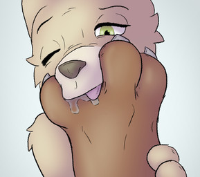 4_toes anthro bodily_fluids brown_body brown_fur drooling duo feet foot_fetish foot_grab foot_in_mouth foot_lick foot_suck fur green_eyes licking male male/male one_eye_closed paws saliva simple_background soles sucking tan_body tan_fur toe_in_mouth toe_suck toes tongue tongue_out kiwifizz canid canine canis mammal wolf