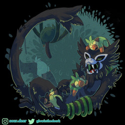 1:1 2020 3_toes 4_fingers ambiguous_gender black_body black_border black_fur black_tail bodily_fluids border brown_body brown_ears brown_fur brown_tail carrying cheek_tuft chest_markings chin_tuft claws cuddling curled_up digital_media_(artwork) digital_painting_(artwork) drooling elemental_creature eye_markings eyes_closed facial_markings facial_tuft fangs feral fingers flora_fauna fur fur_tuft green_body green_fur grey_body grey_fur grey_markings grookey group head_markings head_tuft instagram leaf legendary_pokémon light lighting logo long_tail lying mammal markings mask_(marking) multicolored_body multicolored_fur muzzle_(marking) nintendo on_back on_front on_head on_top on_top_of open_mouth orange_body orange_fur orange_markings plant pokémon pokémon_(species) primate saliva semi-anthro shadow sharp_teeth size_difference sleeping snout sourdeer tail_coil tear_(marking) teeth toes tuft twitter two_tone_body two_tone_fur video_games vines white_body white_fur white_markings yellow_body yellow_fur yellow_markings zarude