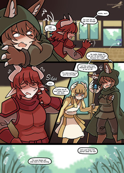 blonde_hair clawed_hands clothed clothing cute_fangs dialogue fangs female green_eyes group hair head_wings horn male monster_girl_(genre) red_hair simple_background teeth text unusual_wing_placement wings shriekingmagpie horned_humanoid humanoid comic digital_media_(artwork) english_text hi_res