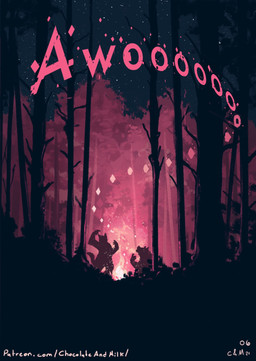 ambiguous_anthro ambiguous_gender anthro campfire duo howl night plant silhouette star tail text tree chocolateandmilk 2021 absurd_res dated hi_res restricted_palette signature url
