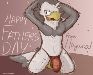 anthro beak bulge clothed clothing hands_behind_head heart_symbol kneeling male multicolored_body narrowed_eyes neck_tuft red_clothing red_underwear seductive solo text thong tuft underwear underwear_only yellow_beak ferrissimulator haywood avian bird 5:4 english_text