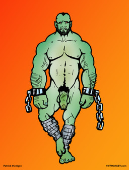 beard big_penis bound chain chained cuff_(restraint) facial_hair genitals green_body male muscular muscular_humanoid muscular_male not_furry penis restraints shackles solo stubble text fmonkey patrick_the_ogre humanoid ogre hi_res url