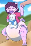 anthro balancing_on_foot big_diaper bodily_fluids cross-eyed diaper drooling female fur genital_fluids hair half-closed_eyes hand_holding holding_object holding_plushie markings narrowed_eyes object_in_mouth pacifier pacifier_in_mouth pink_body pink_fur plushie polka_dots purple_hair raised_leg red_eyes relieved saliva solo tail toddler unclean_diaper urine used_diaper using_diaper wet_diaper wetting wetting_diaper young law_azure felid mammal prehistoric_species saber-toothed_tiger smilodon hi_res