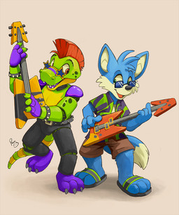 anthro bass_guitar blue_body blue_fur bottomwear brown_bottomwear brown_clothing brown_shorts clothed clothing duo eyewear fangs front_view fur glasses green_clothing green_eyes green_topwear guitar hair holding_guitar holding_musical_instrument holding_object logo male musical_instrument open_mouth open_smile playing_guitar playing_music plucked_string_instrument purple_clothing purple_topwear rectangular_glasses red_eyes red_hair shorts simple_background smile standing string_instrument teeth topwear white_body white_clothing white_fur white_topwear young young_anthro young_male pandapaco five_nights_at_freddy's five_nights_at_freddy's:_security_breach scottgames steel_wool_studios montgomery_gator alligator alligatorid canid canine crocodilian fox mammal reptile scalie 5:6 artist_logo signature