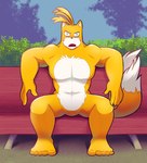 5_fingers 5_toes abs angry_eyebrows anthro bench black_nose blue_eyes featureless_crotch feet fingers male muscular open_mouth sitting solo toes vaporotem bench_tails sega sonic_the_hedgehog_(series) tails_gets_trolled miles_prower titan_tails canid canine fox mammal 2024