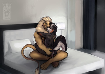 anal anal_penetration anthro anus bed bodily_fluids butt cuddling duo erection eyes_closed feet fingers from_front_position fur furniture genital_fluids genitals half-closed_eyes hand_on_butt hug hugging_another male male/male male_penetrated male_penetrating male_penetrating_male narrowed_eyes nude penetration penile penile_penetration penis penis_in_ass pillow romantic romantic_ambiance romantic_sex sex sitting smile tail toes torakuta canid canine canis domestic_dog felid lion mammal pantherine digital_media_(artwork)