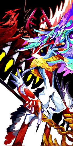 abstract_art abstract_background ambiguous_gender antares_(kirby_and_the_forgotten_land) anthro antlers biped black_fingernails black_nails black_sclera chest_tuft colored_nails countershade_torso countershading digitigrade dipstick_tail fingernails fluffy fluffy_tail fur head_wings holding_melee_weapon holding_object holding_polearm holding_spear holding_weapon horn huge_wings markings melee_weapon mouthless multicolored_body multicolored_fur nails neck_tuft polearm pupils red_body red_fur solo spear tail tail_markings three-quarter_view tuft unusual_wing_placement weapon white_body white_fur wings yellow_body yellow_fur yellow_pupils soul_os_(artist) kirby_(series) kirby_and_the_forgotten_land nintendo chaos_elfilis alien chinchilla chinchillid mammal rodent starling_(kirby) 2026 digital_drawing_(artwork) digital_media_(artwork) digital_painting_(artwork) full-length_portrait hi_res painting_(artwork) portrait
