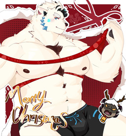 anthro barazoku black_clothing black_underwear blue_eyes brown_nipples bulge cape chest_fur clothed clothing cowbell_collar fake_antlers fake_horns fur fur_tuft glance holding_cape holidays looking_at_viewer male male/male nipples partially_clothed pawpads pecs red_background ribbons seductive simple_background solo_focus text topless tuft underwear white_body white_fur g-1ahar christmas lifewonders tokyo_afterschool_summoners hastur_(tas) jack_frost_(tas) bear mammal hi_res