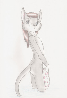 anthro blue_eyes butt female fur grey_body grey_fur nipples nude pool_float solo water young young_anthro young_female azirik canid canine canis hybrid mammal mustelid otter wolf absurd_res hi_res