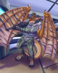 anthro claws clothed clothing gun horn male military ranged_weapon rifle simple_background solo tail weapon prometheuzone escape_from_tarkov mythology dragon mythological_creature mythological_scalie scalie winged_dragon absurd_res digital_media_(artwork) hi_res