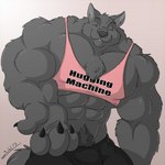 4_fingers anthro biceps big_biceps big_muscles big_pecs biped black_claws black_clothing black_nose black_underwear bulge chest_tuft claws clothing eyebrows eyes_closed finger_claws fingers fur grey_body grey_fur male muscular muscular_anthro muscular_arms muscular_male pecs pink_clothing pink_shirt pink_tank_top pink_topwear shirt simple_background smile solo standing tail tank_top text topwear tuft underwear juano jonathan_(juano) canid canine canis mammal wolf 1:1 2015 digital_media_(artwork) english_text signature