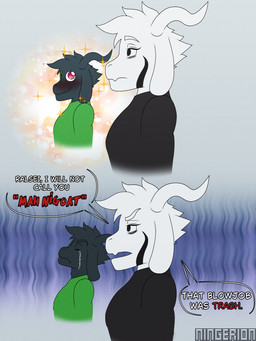 angry annoyed anthro black_body black_fur blush bodily_fluids clothed clothing crying dialogue duo eyewear fur glasses hair horn humor male open_mouth pink_eyes simple_background smile sparkles speech_bubble tears text tired tired_eyes white_body white_fur ningerion deltarune i'm_not_calling_you_"good_boy" undertale undertale_(series) asriel_dreemurr_(god_form) ralsei boss_monster_(undertale) bovid caprine goat mammal 3:4 absurd_res digital_media_(artwork) english_text hi_res meme