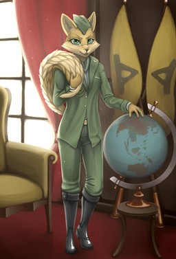 5_fingers anthro black_nose boots chair cheek_tuft claws clothed clothing curtains eyelashes eyewear facial_tuft fangs female finger_claws fingers footwear furniture glasses globe green_eyes hat headgear headwear holding_tail humanoid_hands inside looking_at_viewer military_uniform shoes smile solo standing tail tail_on_shoulder teeth tuft uniform mdigamma1 sek_studio squirrel_and_hedgehog lt._fox_vixen canid canine fox mammal 2017 absurd_res digital_media_(artwork) hi_res signature