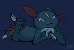 claws draconicpurple dragonnap finger_claws generation_2_pokemon hi_res legs_up lying male mischievous nintendo on_front pokemon pokemon_(species) red_eyes smile smirk sneasel solo toe_claws