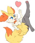 ambiguous_gender anthro blue_eyes blush collar fangs fur heart_symbol inner_ear_fluff open_mouth orange_body orange_fur pawpads paws simple_background solo tail teeth tongue tuft yellow_body yellow_fur se1t nintendo pokemon braixen canid canine generation_6_pokemon mammal pokemon_(species) 2025 absurd_res hi_res