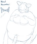 ambiguous_gender anthro belly belly_grab big_belly breasts cleavage clothed clothing disembodied_hand disembodied_penis duo female genitals hair hair_over_eyes huge_belly male morbidly_obese navel obese overweight penis softschwarz molly_(dullpoint) deer mammal absurd_res hi_res sketch