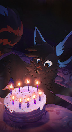 4_toes ambiguous_gender black_body black_fur black_hair black_tail blue_eyes cake candle dessert feet feral food fur hair inner_ear_fluff lying markings on_front smile solo striped_markings striped_tail stripes tail tail_markings toes tuft magenta7 canid canine fox mammal 2026 digital_drawing_(artwork) digital_media_(artwork) hi_res male_(lore)