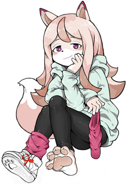 4_toes 5_fingers anthro claws clothed clothing feet female female_anthro fingers fluffy fluffy_tail footwear fur gesture hair humanoid_feet leggings legwear long_hair looking_at_viewer pawpads paws pink_body pink_fur pink_hair plantigrade shoes simple_background sitting soles solo tail tight_clothing toe_claws toes white_body white_fur mentha brand_new_animal studio_trigger nazuna_hiwatashi canid canine fox mammal 2020 absurd_res digital_media_(artwork) hi_res