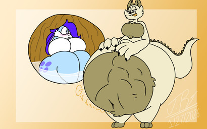 abdominal_bulge anthro belly big_belly big_breasts big_butt blep bloated blue_body blue_hair blush bodily_fluids breasts buckteeth butt claws curvy_figure duo exposed_belly eyelashes featureless_breasts female female/female floppy_ears fur hair huge_belly huge_breasts huge_butt inside internal long_ears monobutt navel nude onomatopoeia overweight popeye_arms rumbling_stomach scales simple_background size_difference smile sound_effects stomach_acid tail teeth text tongue tongue_out voluptuous voluptuous_female vore wide_hips jayme_universe alexoul domestic_cat felid feline felis hybrid lagomorph leporid mammal rabbit reptile scalie digital_drawing_(artwork) digital_media_(artwork) english_text hi_res