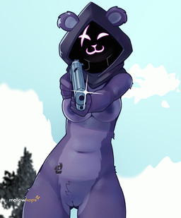 animal_genitalia anthro breasts female fluffy_ears fur genitals gun hood nude outside pubes purple_body purple_fur ranged_weapon smile solo tattoo thick_thighs vulva weapon mellow_hops epic_games fortnite raven_team_leader bear humanoid mammal hi_res