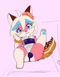 anthro balls_outline blue_eyes blue_highlights blue_nose blue_pawpads bulge chibi claws clothing dessert detailed_bulge doughnut food fur genital_outline highlights_(coloring) looking_at_viewer male one-piece_swimsuit one_leg_up pastry pawpads paws penis_outline pink_body pink_fur raised_leg sitting slightly_chubby slightly_chubby_anthro slightly_chubby_male solo spread_legs spreading sprinkles swimwear teapot_(body_type) translucent translucent_clothing translucent_swimwear misterdonut gris_swimsuit meme_clothing donut_(misterdonut) canid canine canis domestic_dog food_creature mammal colored_sketch meme sketch