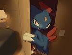 2023 ambiguous_gender bed bedroom bodily_fluids claws crayon digital_media_(artwork) feral furniture generation_2_pokemon hi_res inkune lamp lightswitch nintendo open_mouth opening_door pokemon pokemon_(species) red_eyes sneasel solo sweat teeth tongue