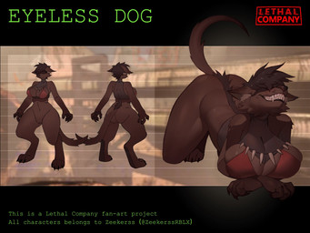 anthro bared_teeth big_breasts big_butt black_claws blind blindfold bra breasts brown_body brown_fur brown_hair butt claws clothing crop_top crouching digitigrade disability ears_down fangs female fluffy front_view fur hair huge_breasts inner_ear_fluff jewelry logo lying necklace pawpads paws pivoted_ears raised_tail rear_view shirt skindentation smile snout solo spiky_hair tail teeth text thick_thighs topwear tuft underwear wide_hips theamazingspino_(artist) lethal_company canid canine eyeless_dog_(lethal_company) mammal 4:3 english_text hi_res model_sheet